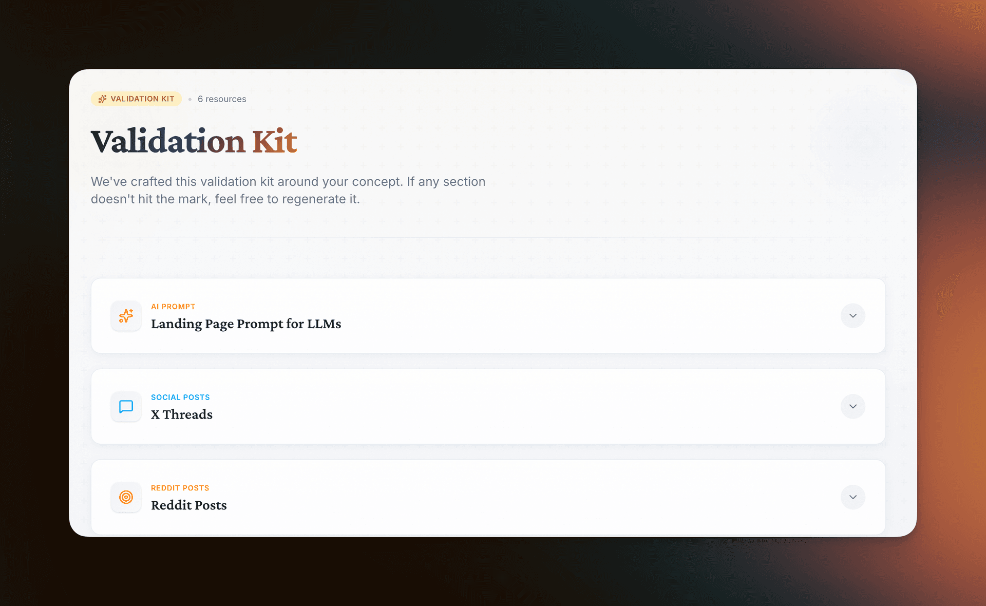 Vibe Validation kit showing AI prompts, social posts, and interview templates